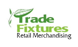 Logo for Trade Fixtures Retail Merchandising, featuring green text with a stylized leaf above the word Trade and a stem beside it. The phrase Retail Merchandising appears in black below.