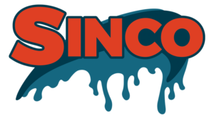 The image shows the word Sinco in bold red letters over a blue shark silhouette logo in the background.